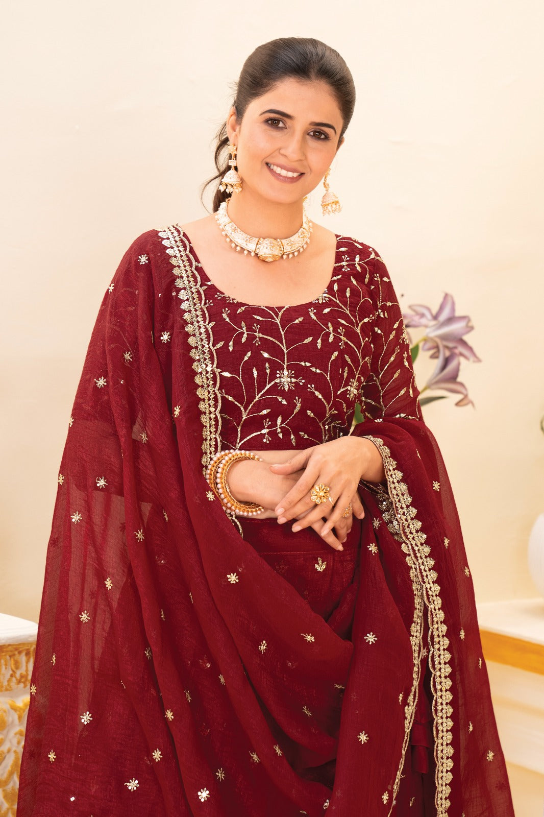 Maroon Embroidered Designer Semi Stitched Lehenga Choli For Women's