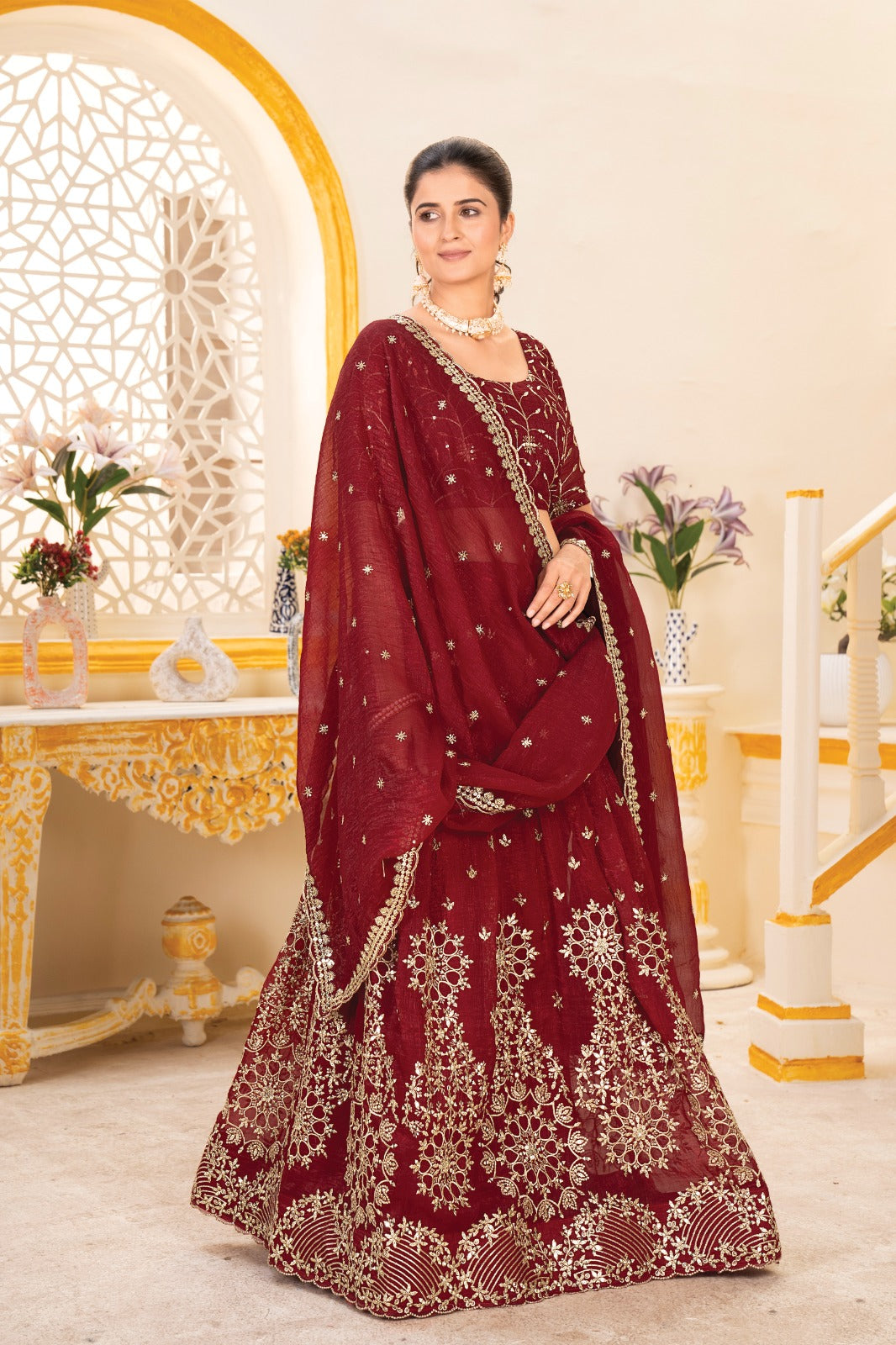 Maroon Embroidered Designer Semi Stitched Lehenga Choli For Women's