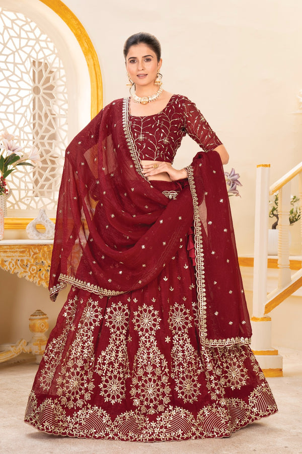 Maroon Embroidered Designer Semi Stitched Lehenga Choli For Women's