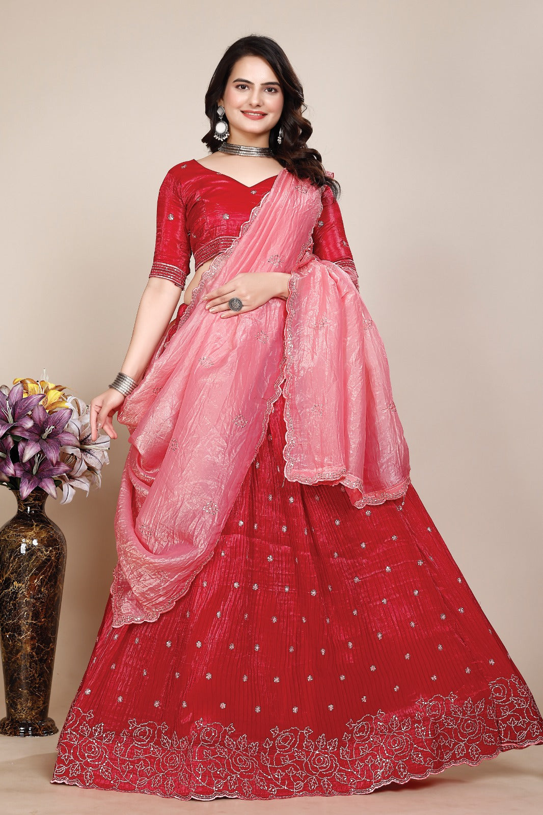 Pink Embroidered Designer Semi Stitched Lehenga Choli