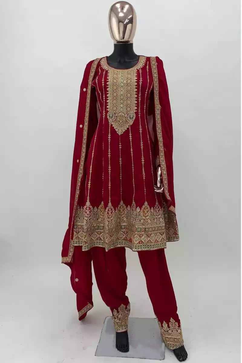 Vichitra Embroidered Full Stitched Red Full Stitched Salwar Suit