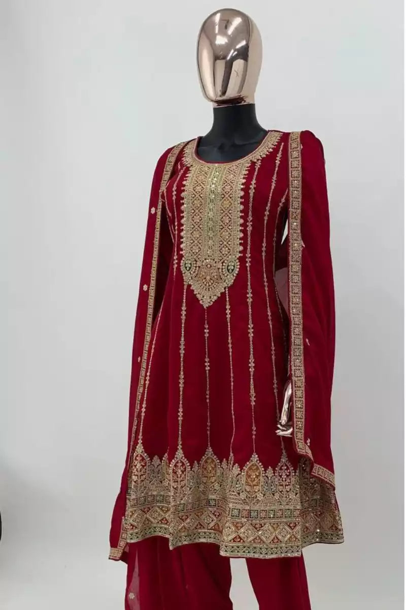 Vichitra Embroidered Full Stitched Red Full Stitched Salwar Suit