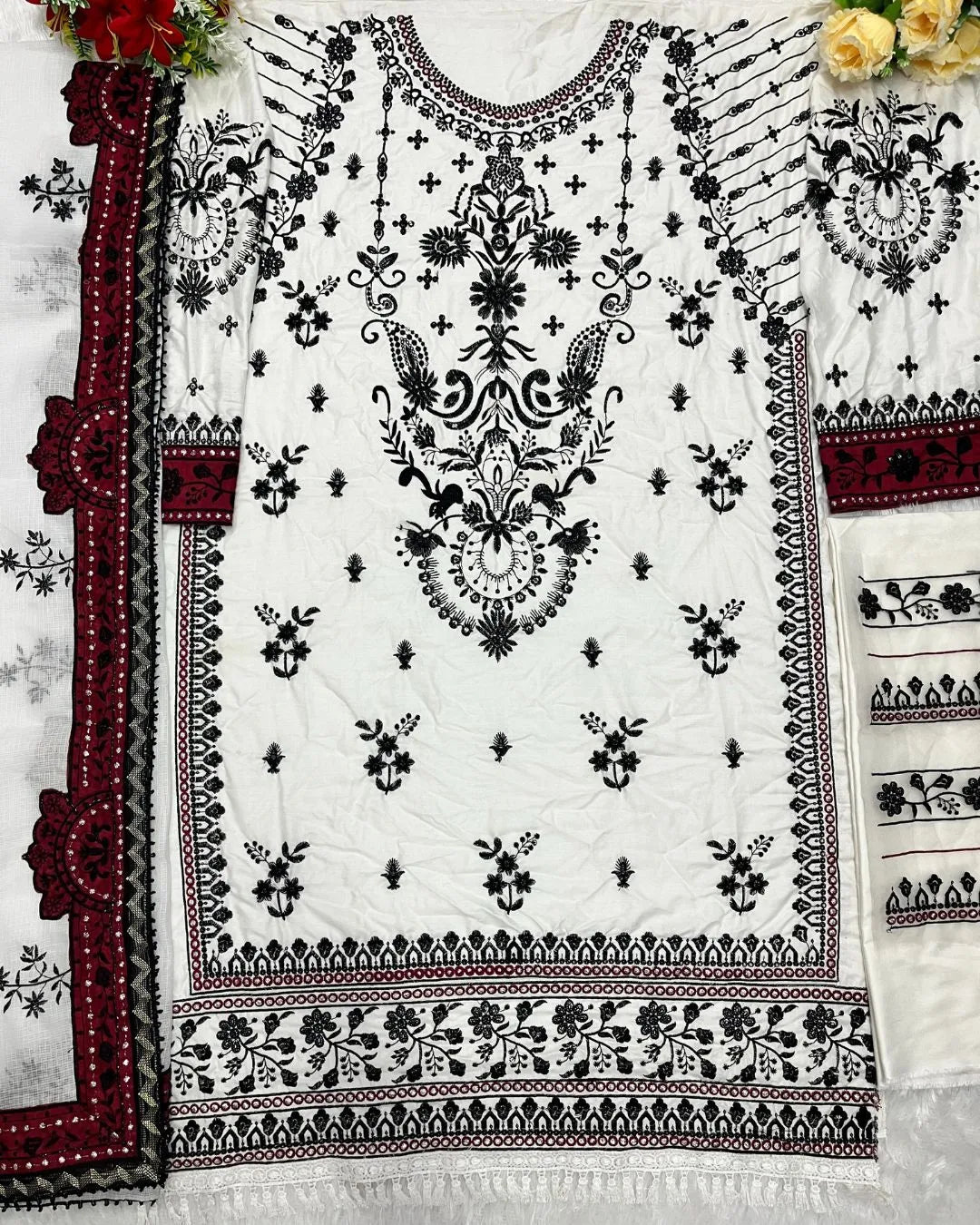 Heavy Rayon Embroidery Work White Pakistani Suit For women