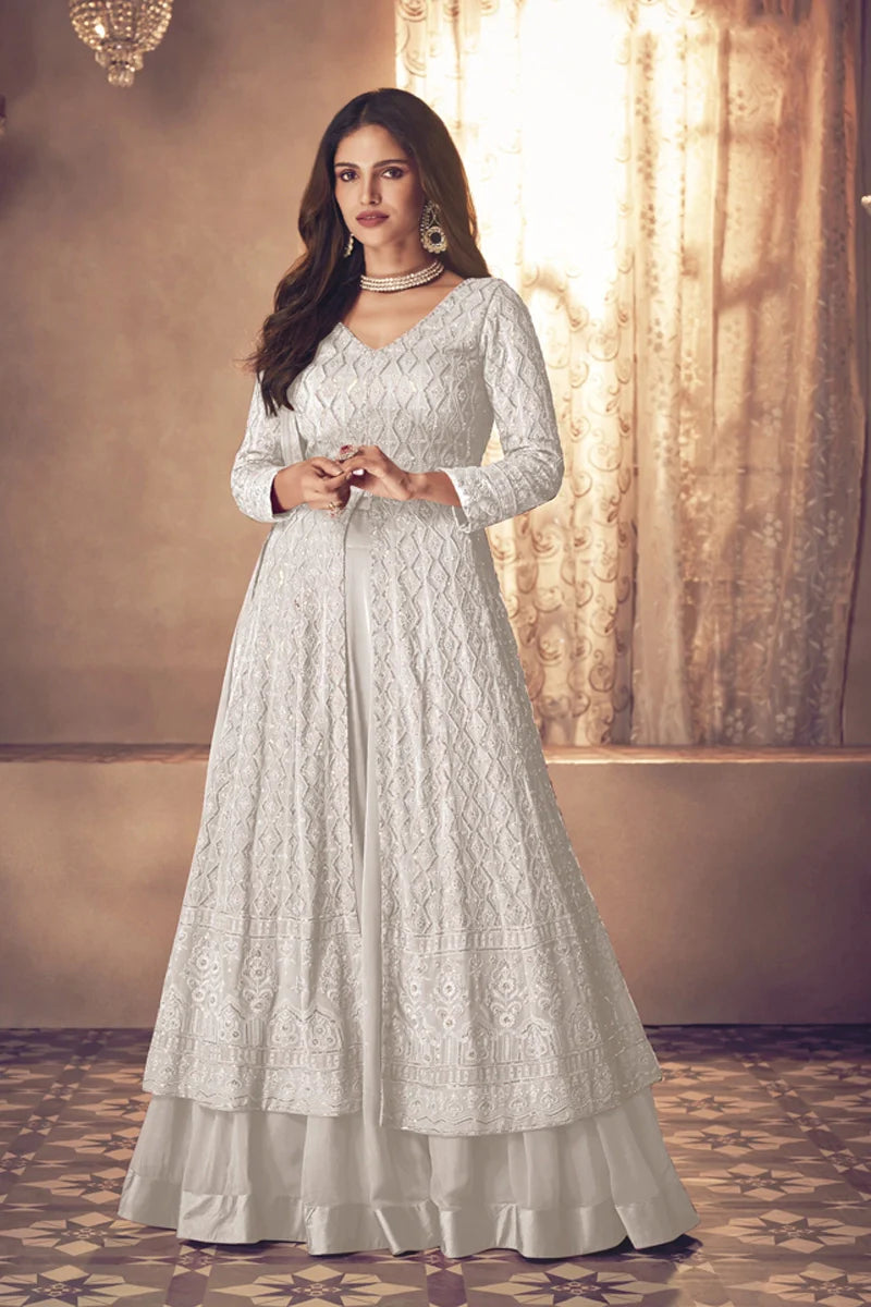 White Anarkali  Embroidery Gown